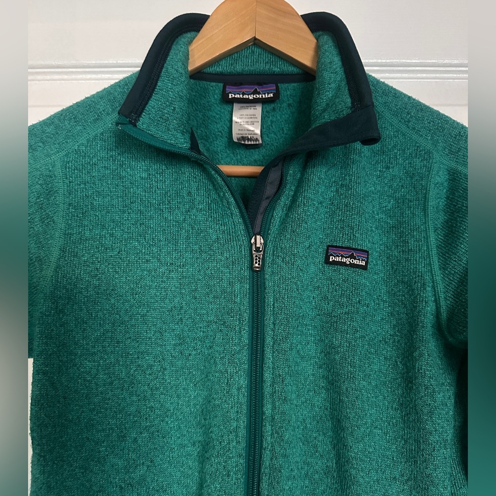 Patagonia Women’s Green Knit Fleece Sweater Full Zip Jacket with Navy Trim